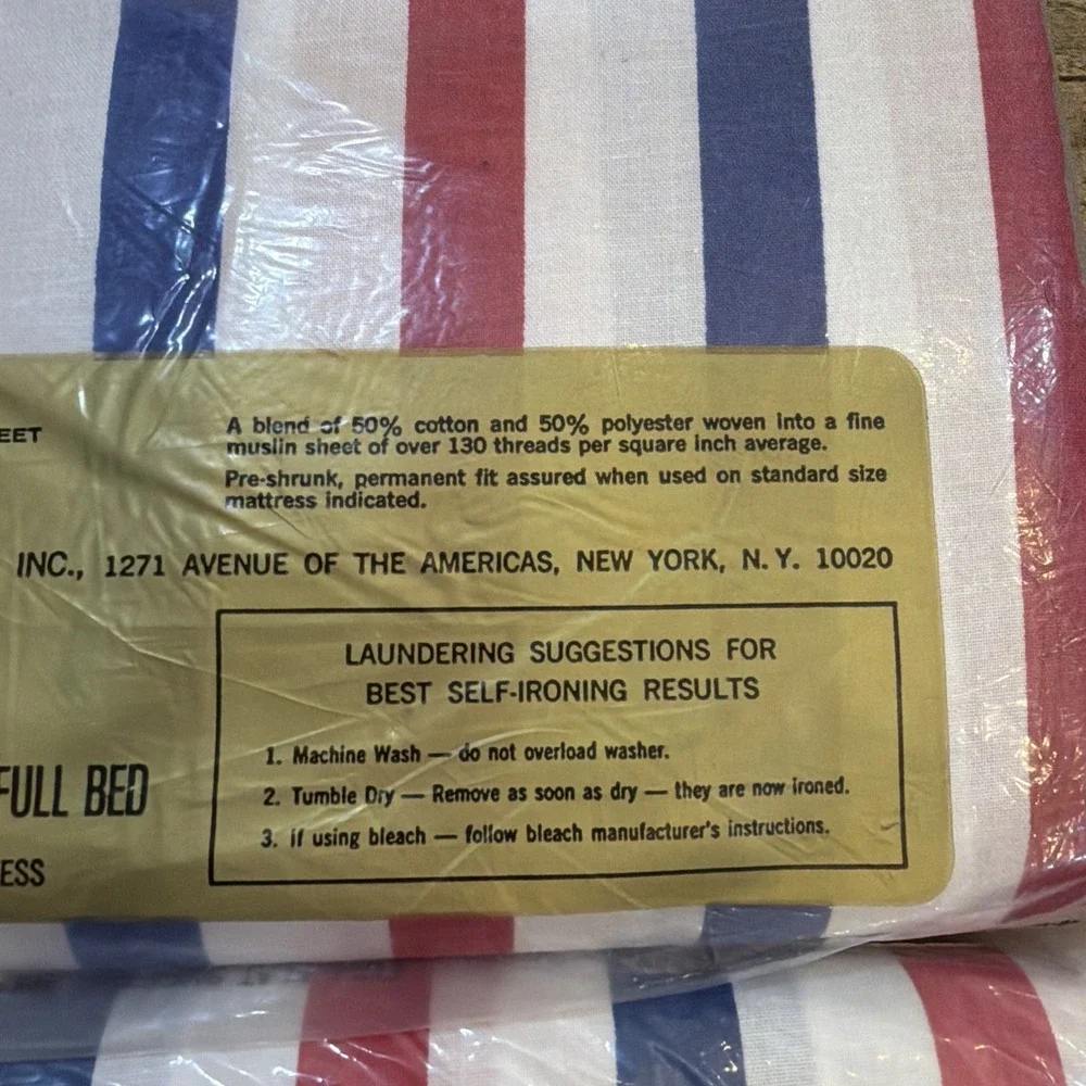 VTG USA 70/80s CANNON MONTICELLO RED WHITE BLUE FULL SZ FITTED & FLAT SHEET SET